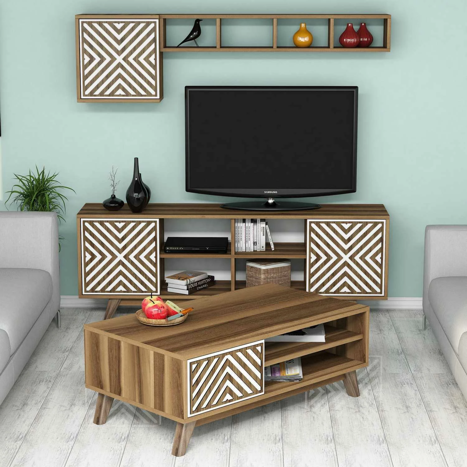 Set mobiljesh për dhomë dite Skye Decor, inci, ngjyrë arre, e bardhë