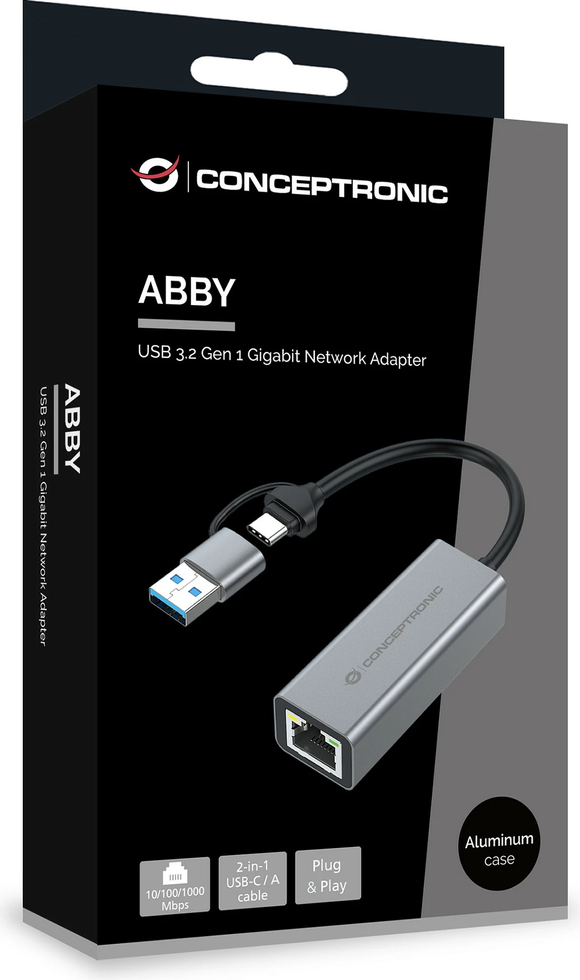 Adapter rrjeti USB Conceptronic ABBY08G, USB-A/USB-C në Gigabit Ethernet, USB 3.2 Gen 1, Wake-on-LAN, gri