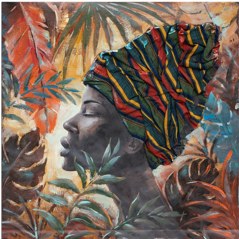 Pikturë dekorative Jungle Lady, shumëngjyrëshe, kanavacë, dru, 80x80x4cm