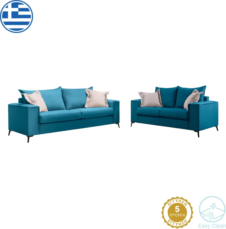 Set divanësh Verona 2 pjesë, pëlhurë petrol me jastëkë ngjyrë bezhë