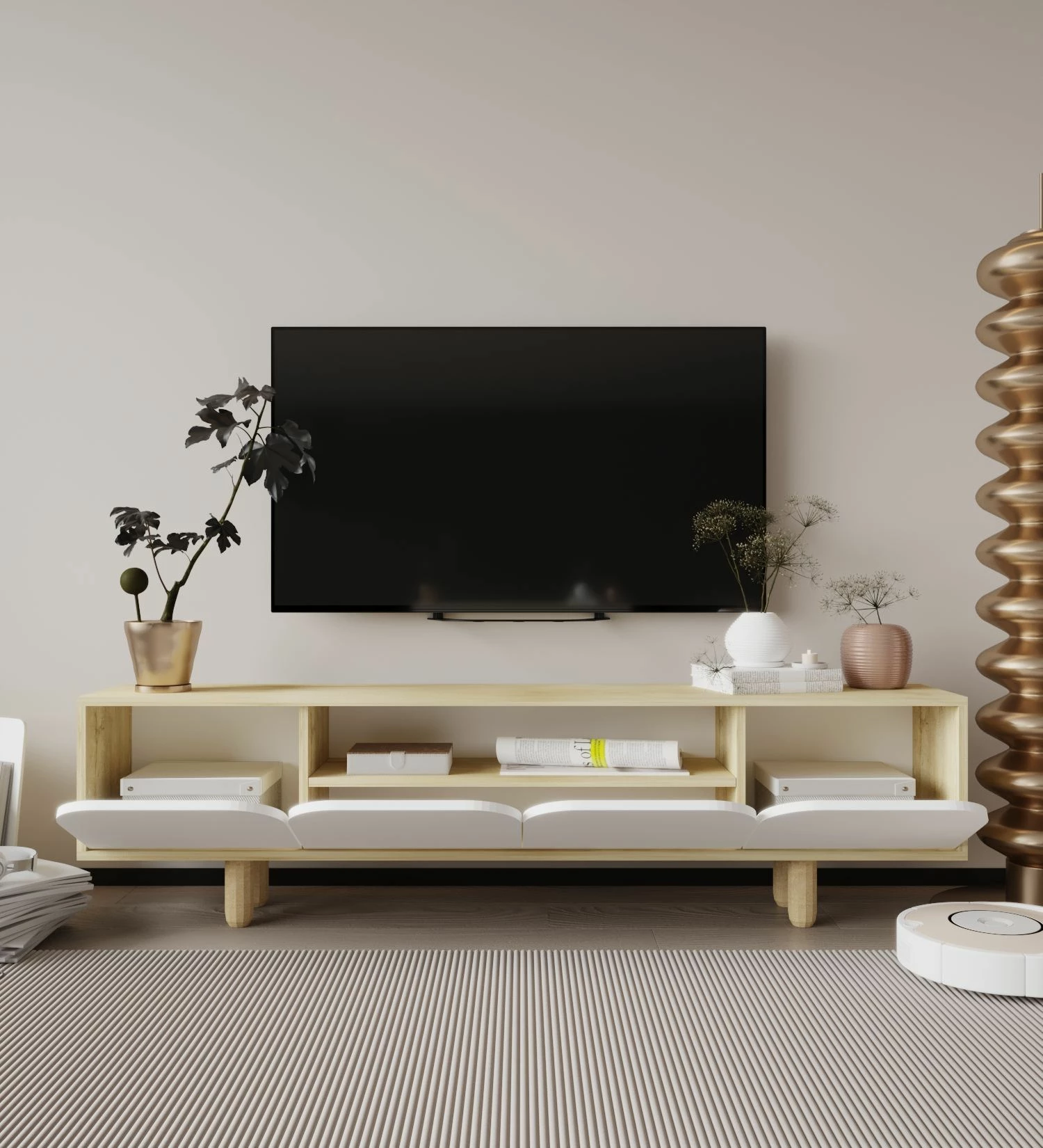 Komodë TV Skye Decor, ngjyrë lisi safir, e bardhë, Lazio