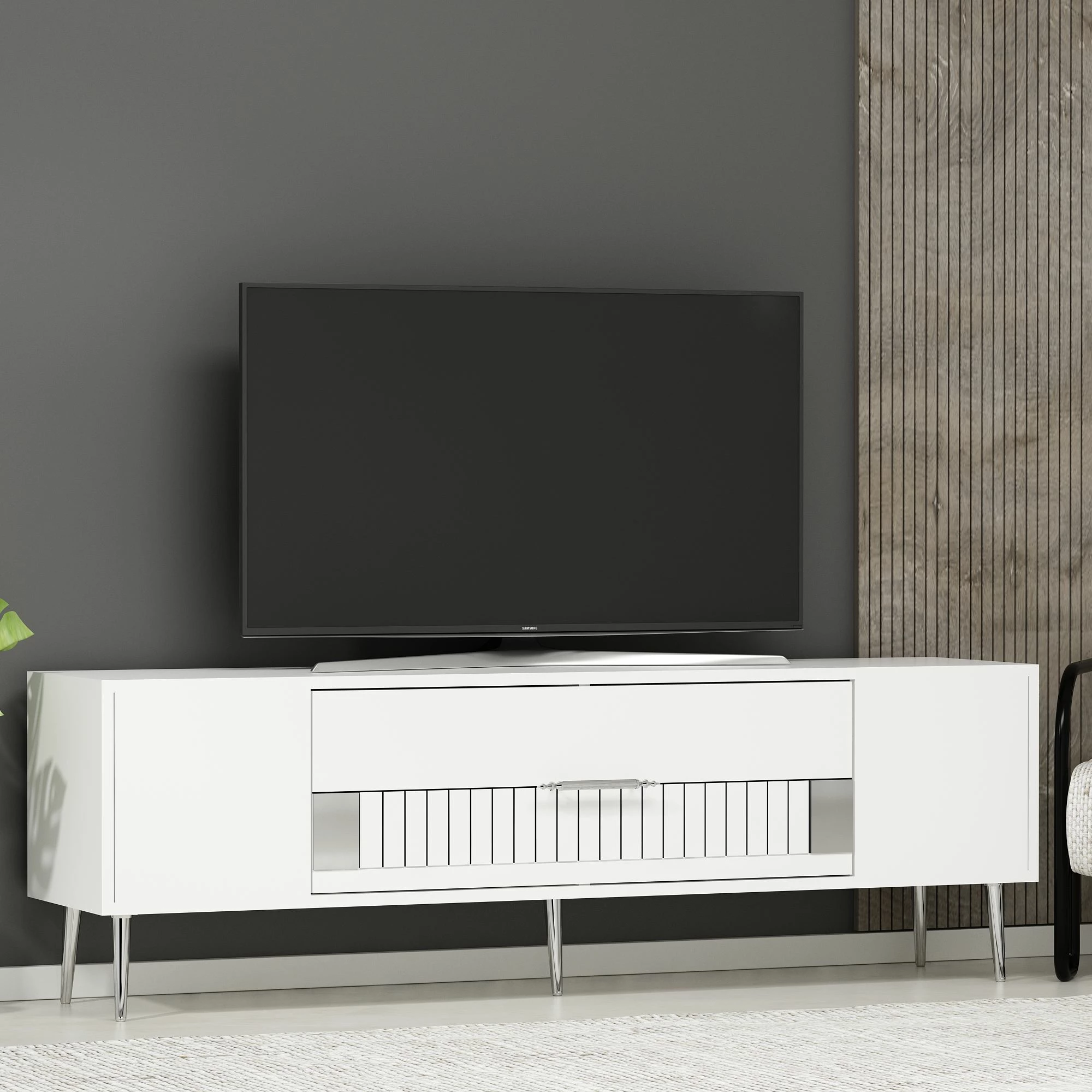 Komodë TV Skye Decor, e bardhë, argjendtë, Dekolp4