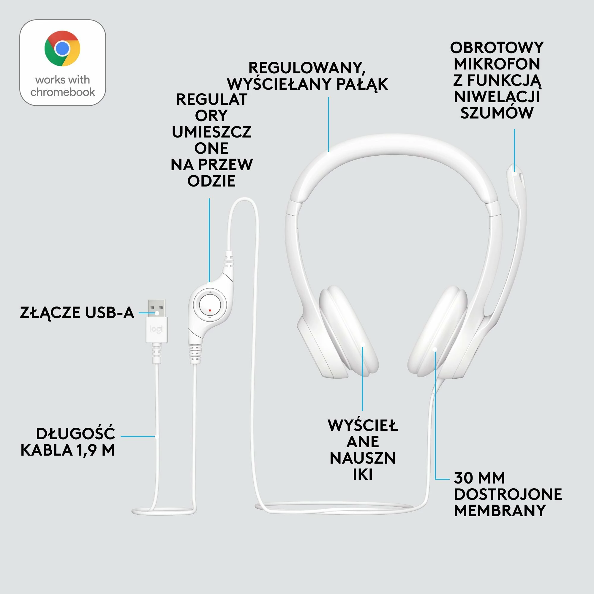Kufje Logitech H390 Off White (981-001286), me mikrofon, USB-A me kabëll 1.9 m, me kontroll volume/mute, të bardha