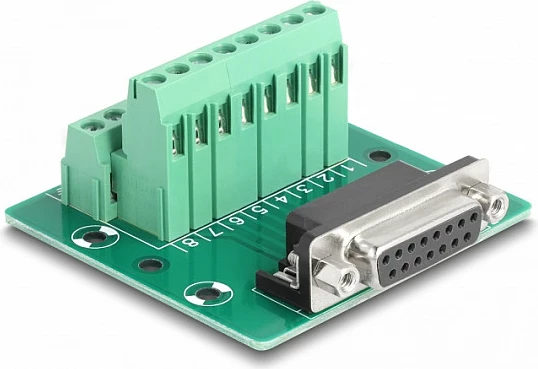 Adapter DeLOCK D-Sub 15-pin femër në terminal block për DIN rail, AWG 24-12, i gjelbër
