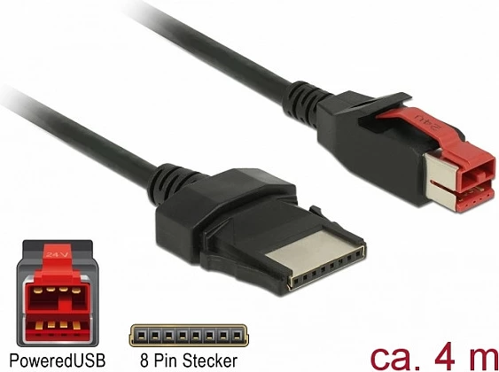 Kabllo PoweredUSB DeLOCK 85480, 4 m, 24V në 8-pin, e zezë