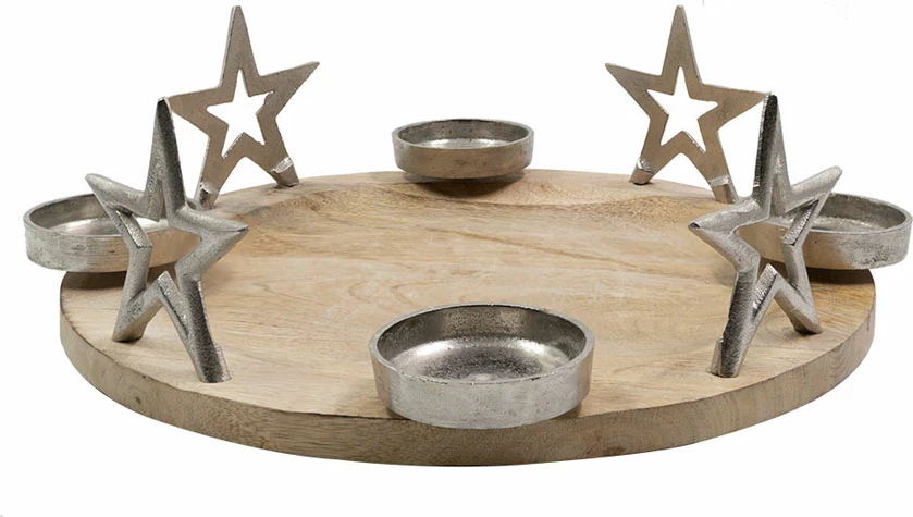 Mbajtës qirinjsh SACRO për festat e fundvitit, dru dhe alumin, argjend, 13x40x40 cm