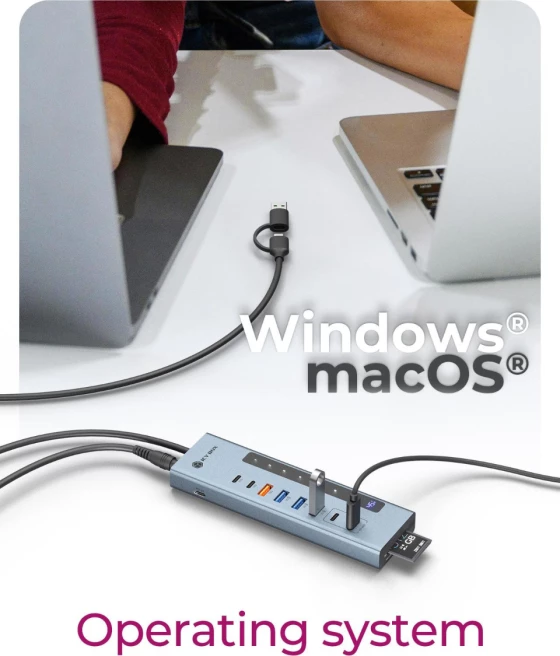 Hub USB‑C ICYBOX IB-HUB1742CR-C2PD 11-në-1, PD, lexues SD/microSD, 10 Gbit/s, me ekran LED, gri e errët, me adapter USB‑C në USB‑A