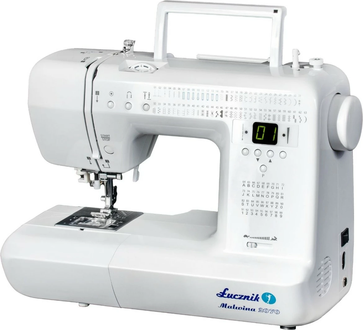 Makinë qepëse, Łucznik Malwina 2070, 63 qepje, 36 shkronja/numra, rregullim gjatësie/gjerësie, ekran elektronik, krah i lirë, e bardhë, me aksesorë