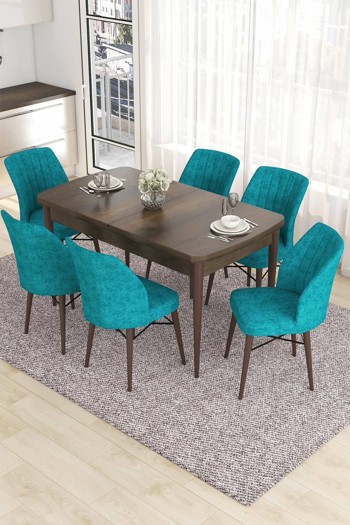 Tavolinë me karrige, zgjatshme, 7 copë, Skye Decor, Barok, ngjyrë turquoise