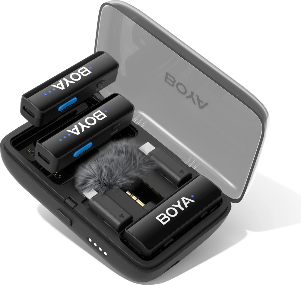 Mikrofon wireless BOYA BOYALINK V2.0 2.4GHz 48kHz/24-bit USB-C/Lightning/3.5mm set 2 transmiter + 1 receiver me kuti karikimi, i zi