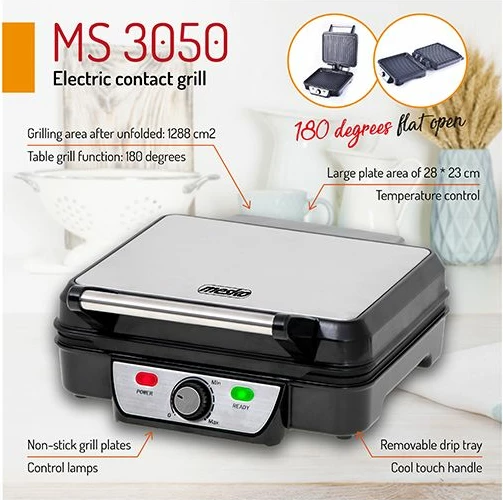 Grill kontakt elektrik MESKO MS3050, 2500 W, pllaka 28×23 cm, me spatul, argjend/zezë