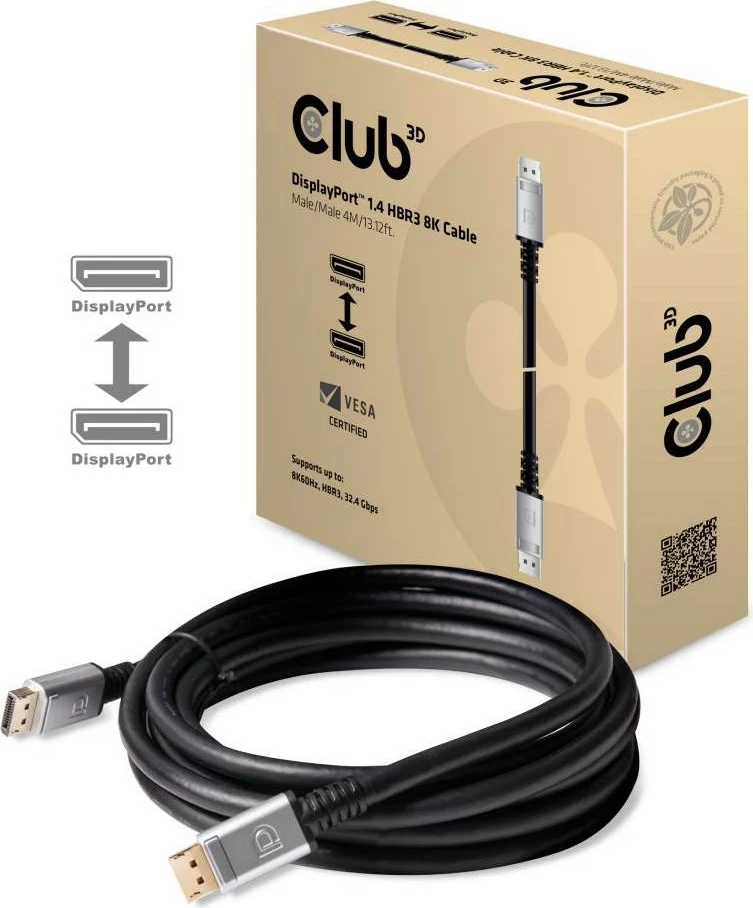 Kabllo DisplayPort Club3D 1.4, 4m, 8K, zi/argjendtë