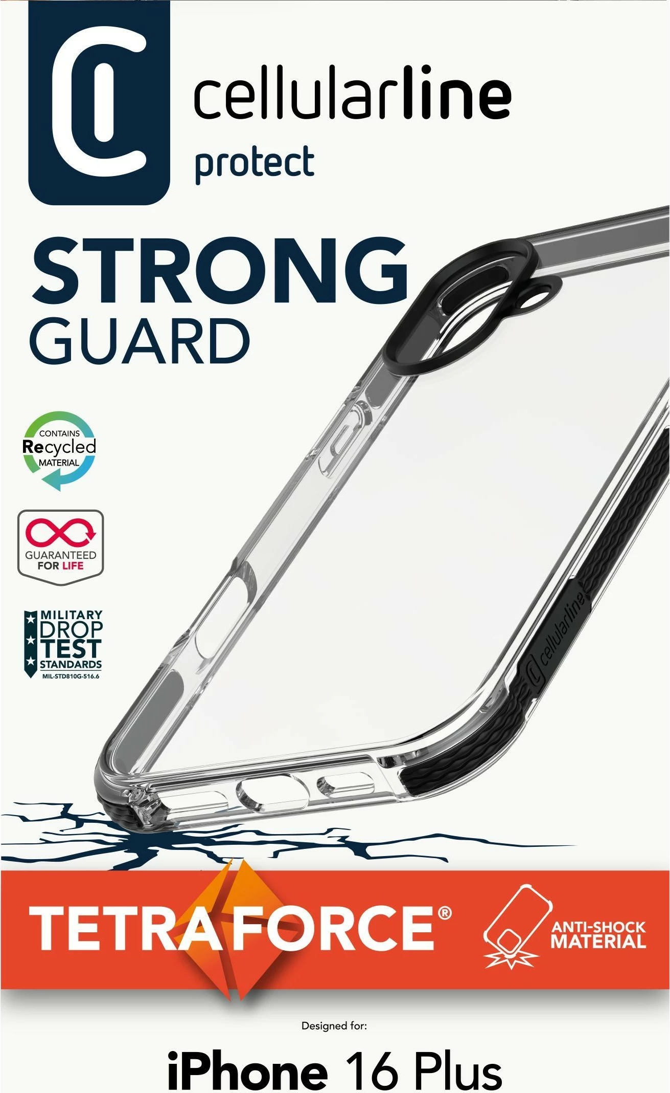 Mbështjellës Cellular Line Strong Guard për iPhone 16 Plus, transparent, i zi