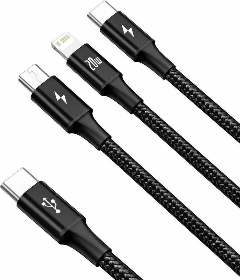 Kabllo USB Baseus Rapid 3in1 CAMLT-SC01, USB-C në USB-C + microUSB + Lightning, 1.5 m, 20W PD, e zezë, 1 copë
