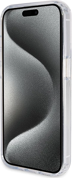 Mbështjellës Guess Ring Stand Script Glitter MagSafe për iPhone 15 Pro, Transparent