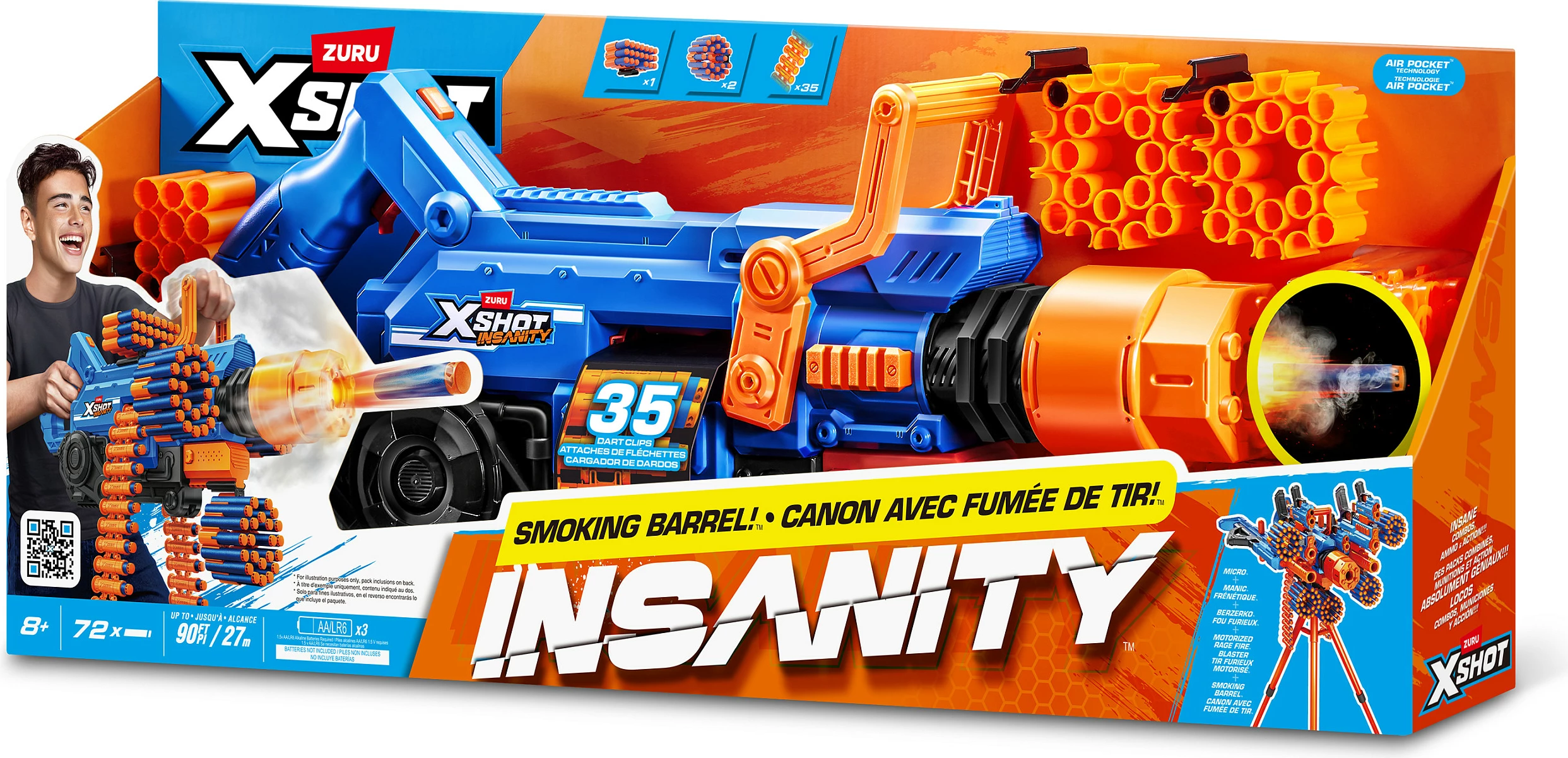 Blaster lodër ZURU XSHOT Insanity Smoking Barrel, 72 shigjeta, 30 m, me dritë/tym, i kaltër