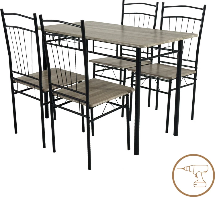 Tavolinë me karrige Roza II, set 5 copë, MDF, këmbë metalike, ngjyrë gri, 110x60x74cm