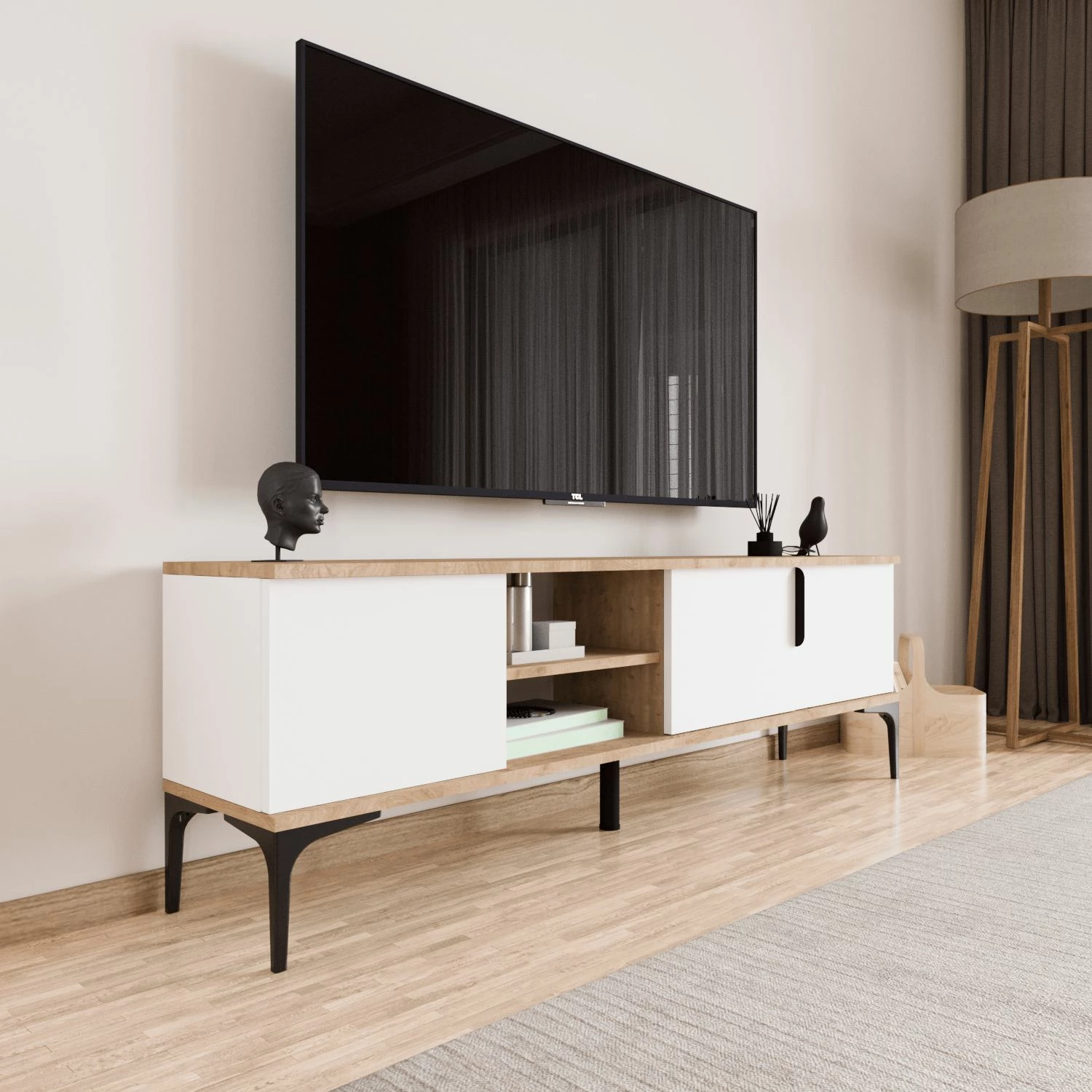 Komodë TV Skye Decor, ngjyrë lisi dhe e bardhë, Tarz