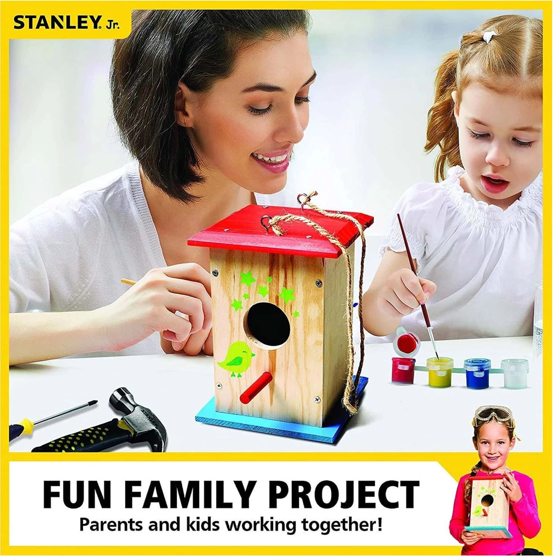 Set DIY shtëpizë zogjsh prej druri Stanley WDCBW5T, 20 x 14.5 cm, me 5 vegla (çekan, 2 kaçavida, syze mbrojtëse, metër)