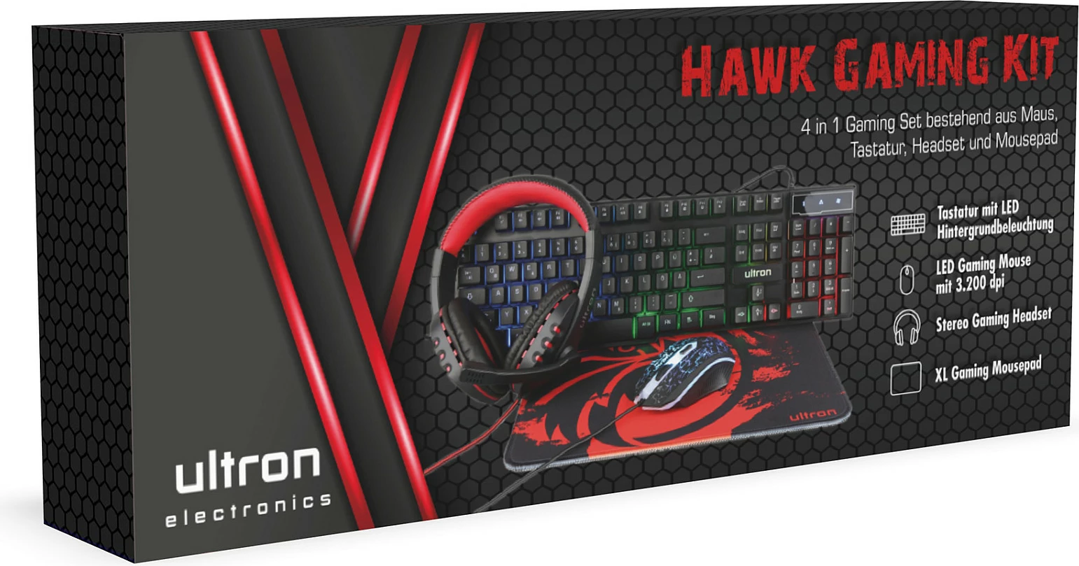 Set gaming Ultron HAWK, tastierë full-size QWERTZ me LED, maus 3200 DPI, kufje me mikrofon, mauspad, zi/kuq/bardhë