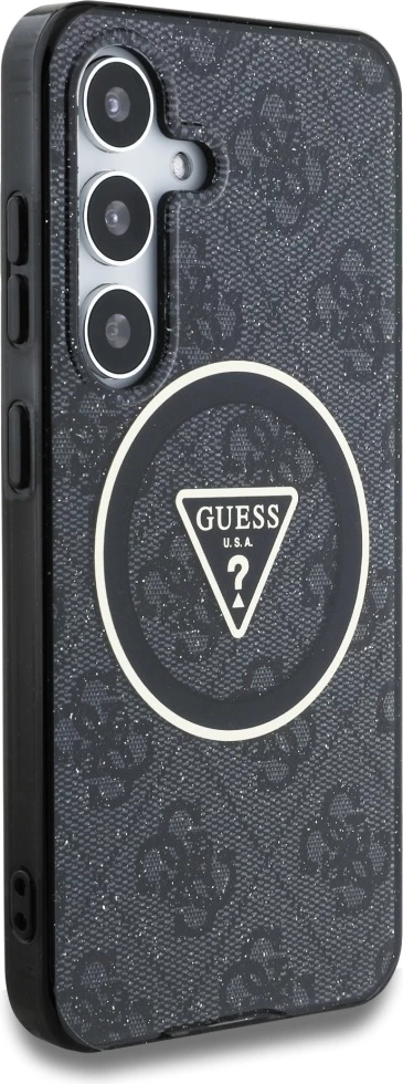 Mbështjellës Guess 4G Glitter Triangle Buttons MagSafe për Samsung Galaxy S25, i zi