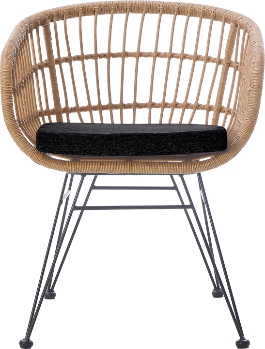 Karrige Naoki me jastëk pe rattan, ngjyrë natyrale, këmbë metalike të zeza, 63x61x79cm