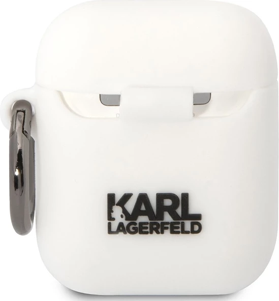 Mbështjellës Karl Lagerfeld për AirPods 1/2, silikon, i bardhë, me unazë