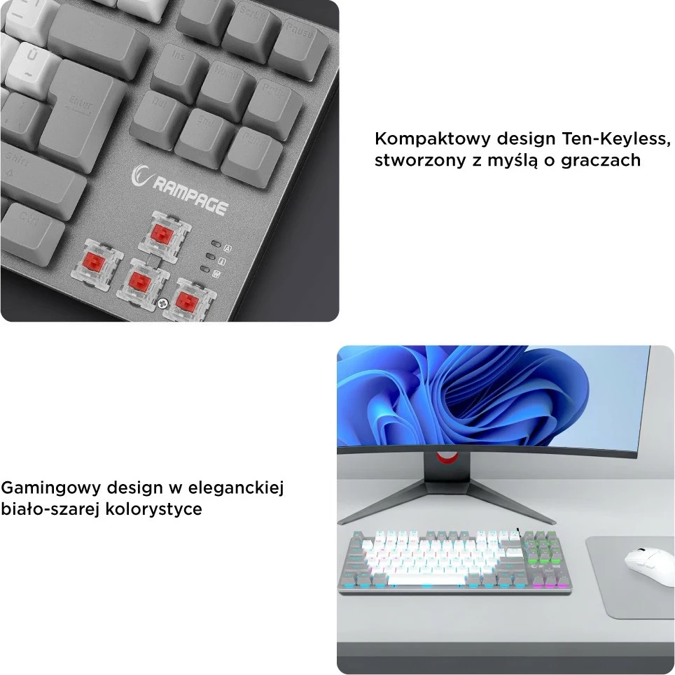 Tastierë mekanike gaming Rampage Snug RGB KRGD Red, 80%, anglisht, bardhë-gri