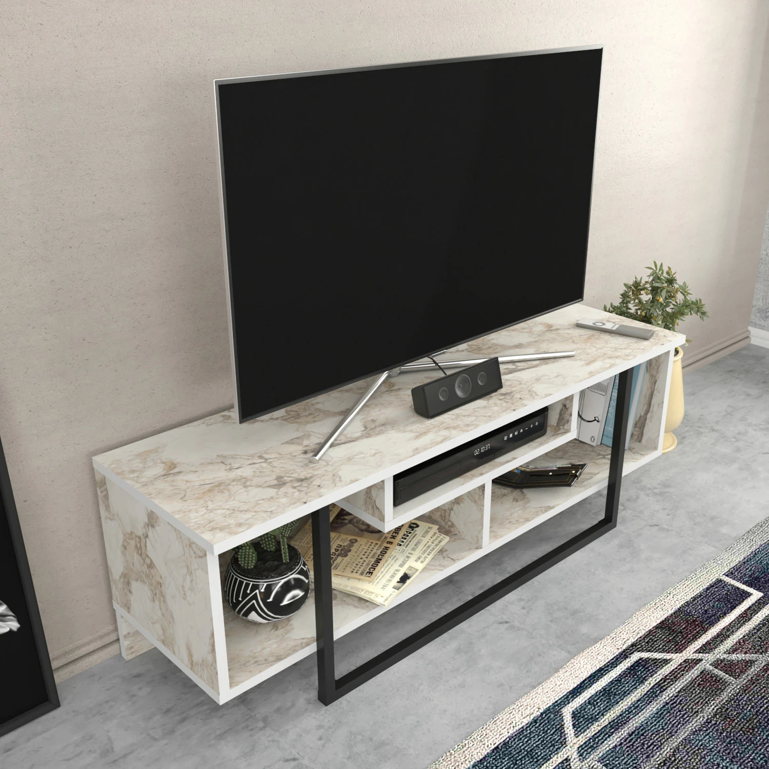 Komodinë TV Skye Decor, Asal 120, e zezë dhe e bardhë