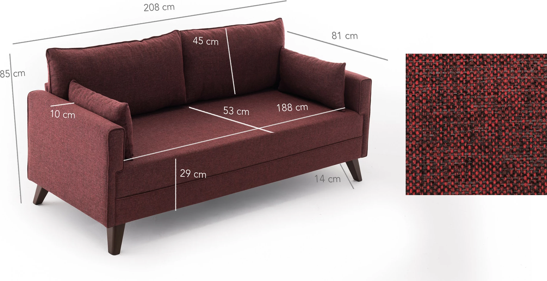 Divan-krevat treshe, ngjyrë e kuqe Claret, Bella Sofa Bed