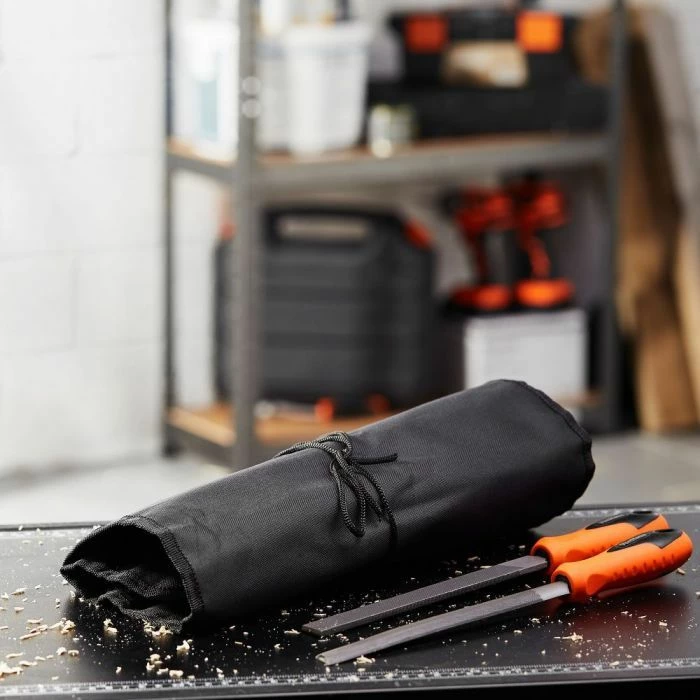 Set turpijash dhe raspash VONHAUS 3500076, 20 cm (8\"), çelik T12, me çantë kanavacë, set 9 copë, zi/portokalli