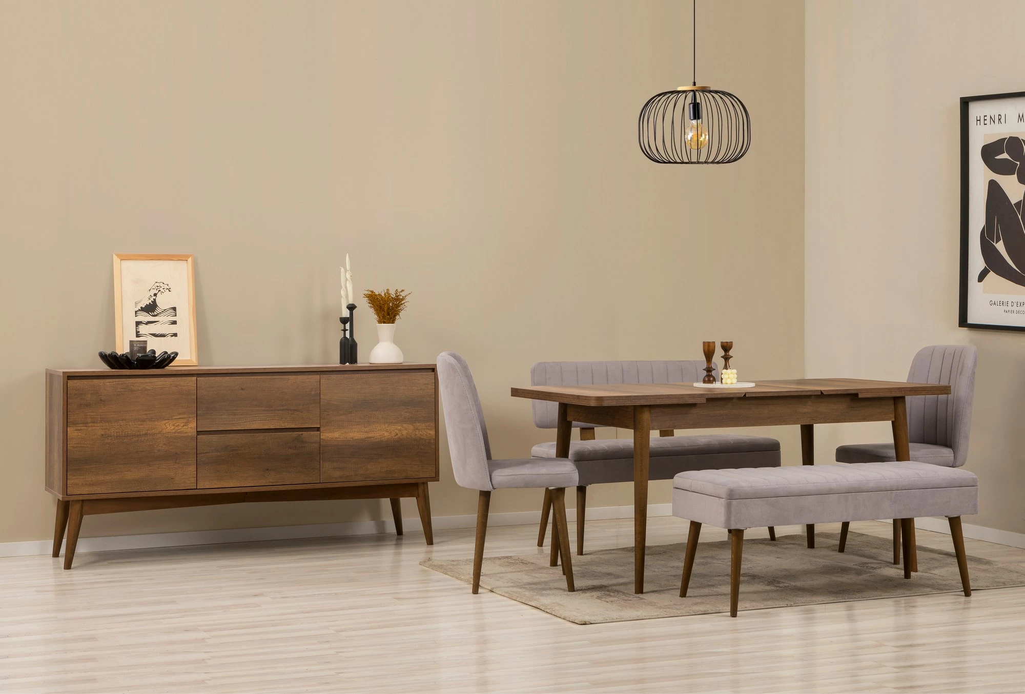 Set tavoline me karrige, konsolë dhe bank, 6 pjesë, Skye Decor, Vina Bench 04 0701, ngjyrë arre, gri