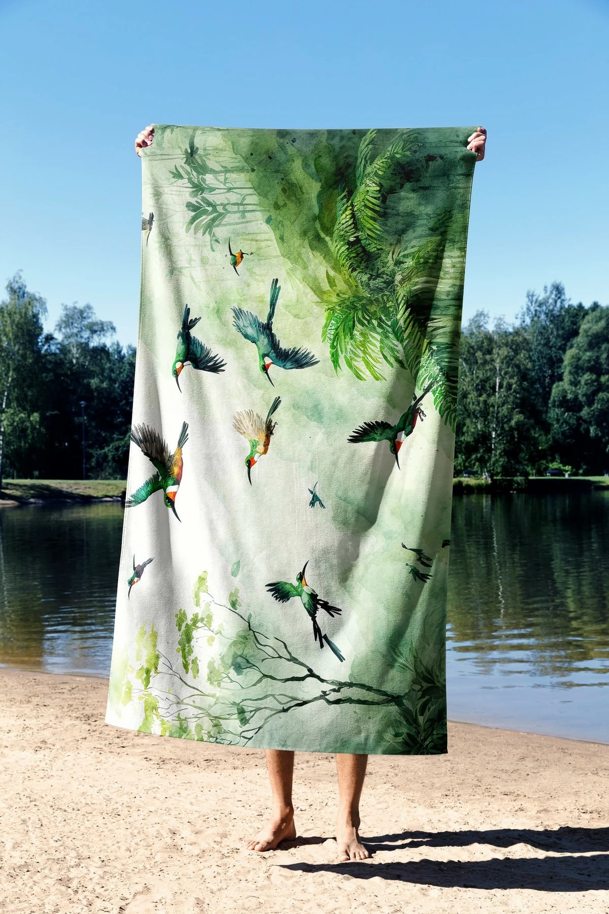 Peshqir plazhi Mijolnir, dizajn akvarel xhungël, 90x150cm