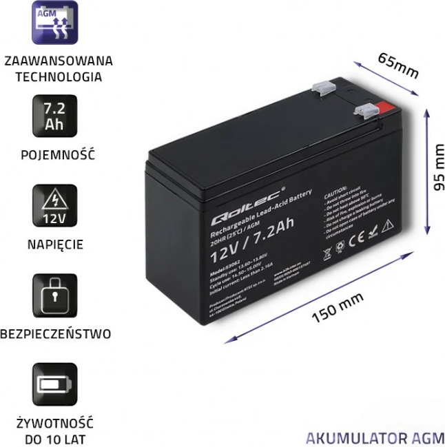 Bateri AGM Qoltec 53062, 12V, 7.2Ah, e zezë