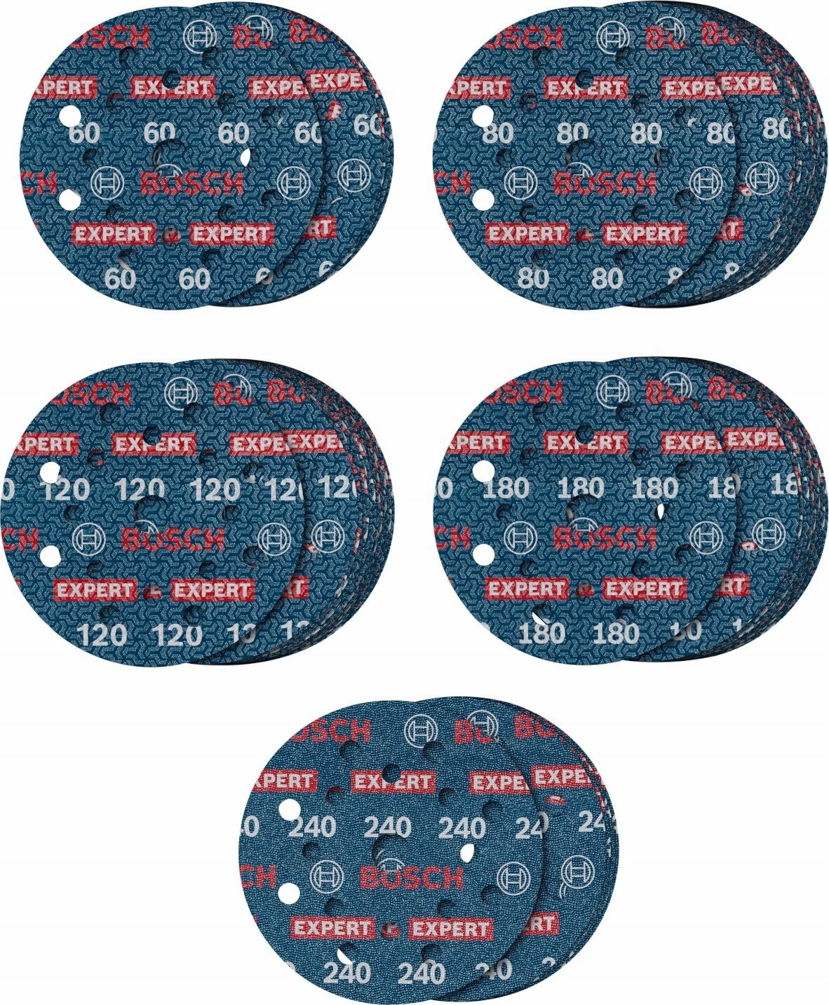 Disk zmerile Bosch Expert O780 125mm, me velkro, set 55 copë (G60/G80/G120/G180/G240)