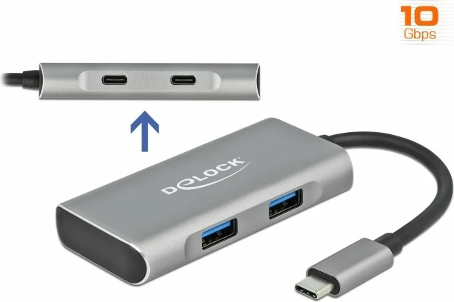 USB hub DeLOCK 4 porta, USB 3.2 Gen 2, 10 Gbps, alumini, gri