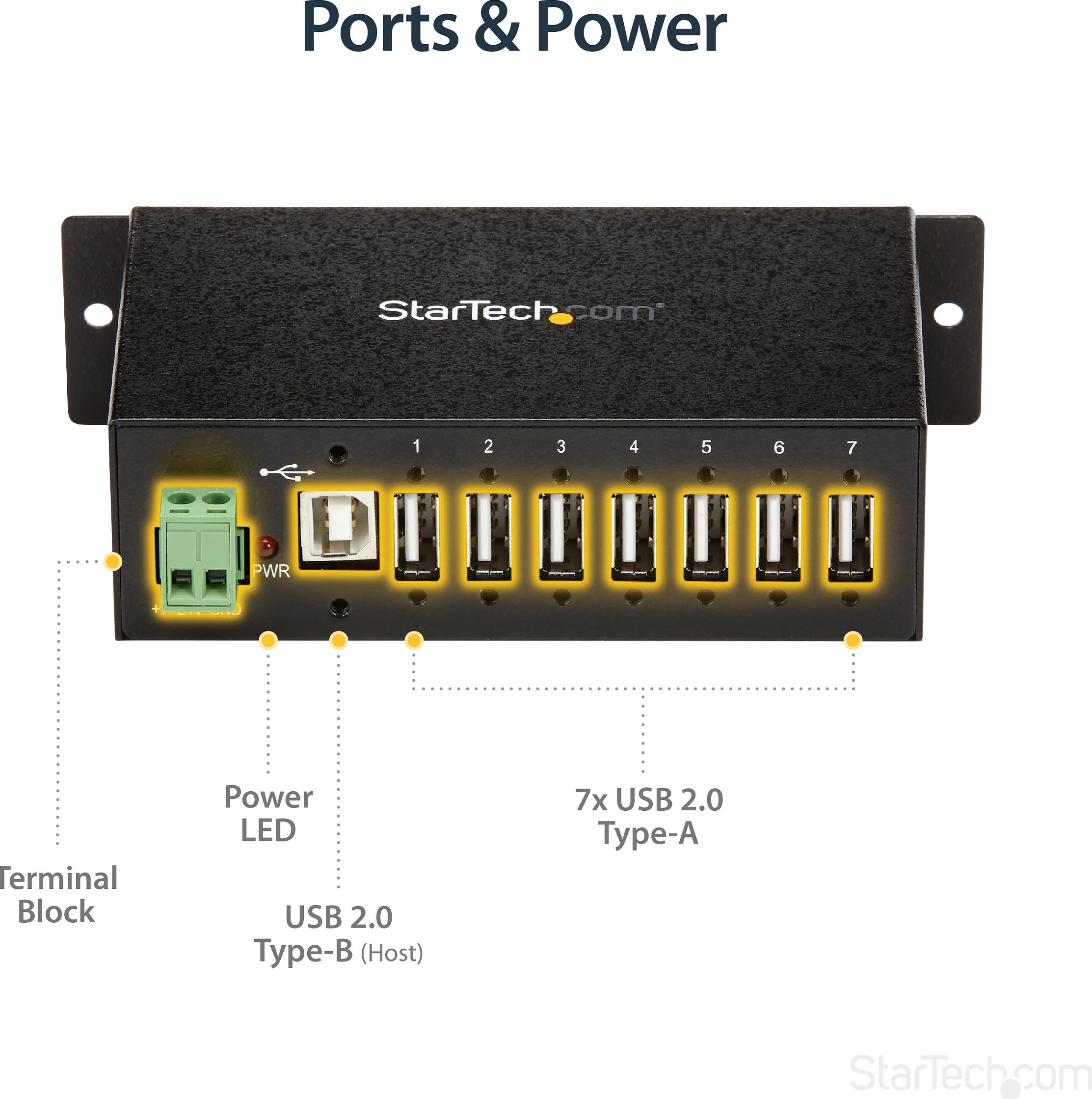 Hub USB StarTech ST7200USBM, 7-Port USB 2.0, metal, DIN rail, mbrojtje ESD/Surge, i zi