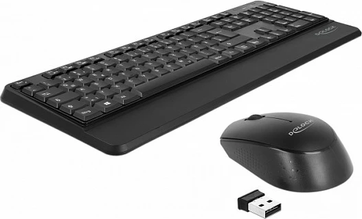 Set tastierë dhe maus pa kabllo DeLOCK 12674, Full-size 100%, RF 2.4GHz, QWERTZ (DE), me nano receiver, i zi