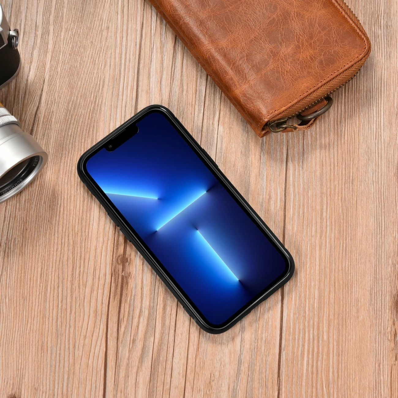 Mbështjellës iCarer për iPhone 14 Pro, lëkurë natyrale, Blu