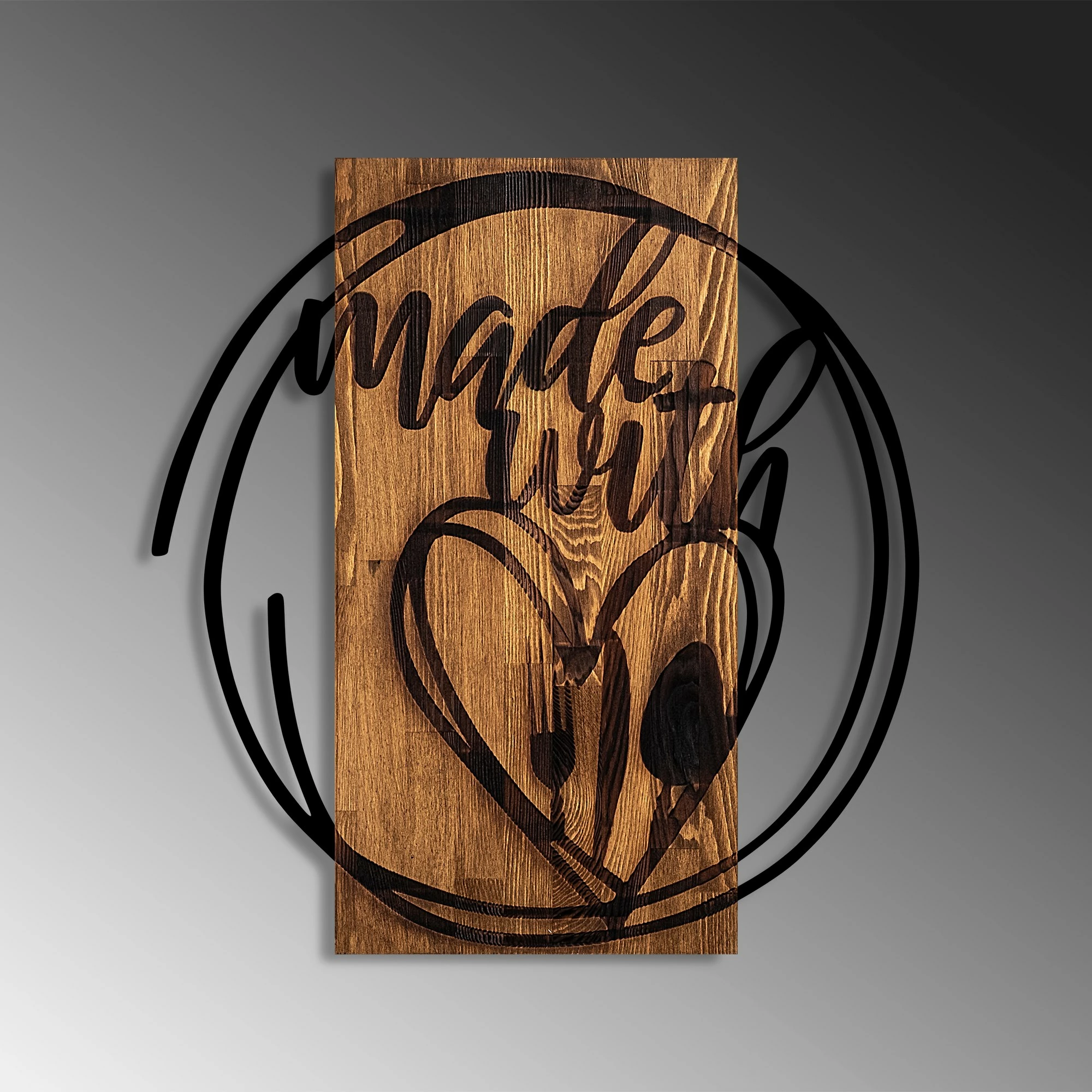 Aksesor dekorativ prej druri për mur, Wallity, Made With Love, ngjyrë arre dhe e zezë, 55x57cm