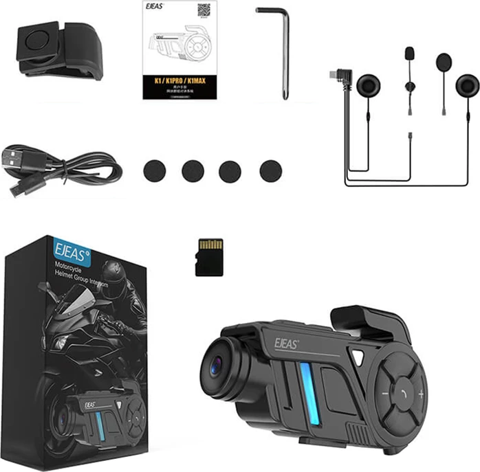 Interkom motoçiklete EJEAS K1Pro+ me kamerë/ regjistrues 2K, Mesh 3.0, Bluetooth 5.1, IP67, bateri 2100 mAh, set