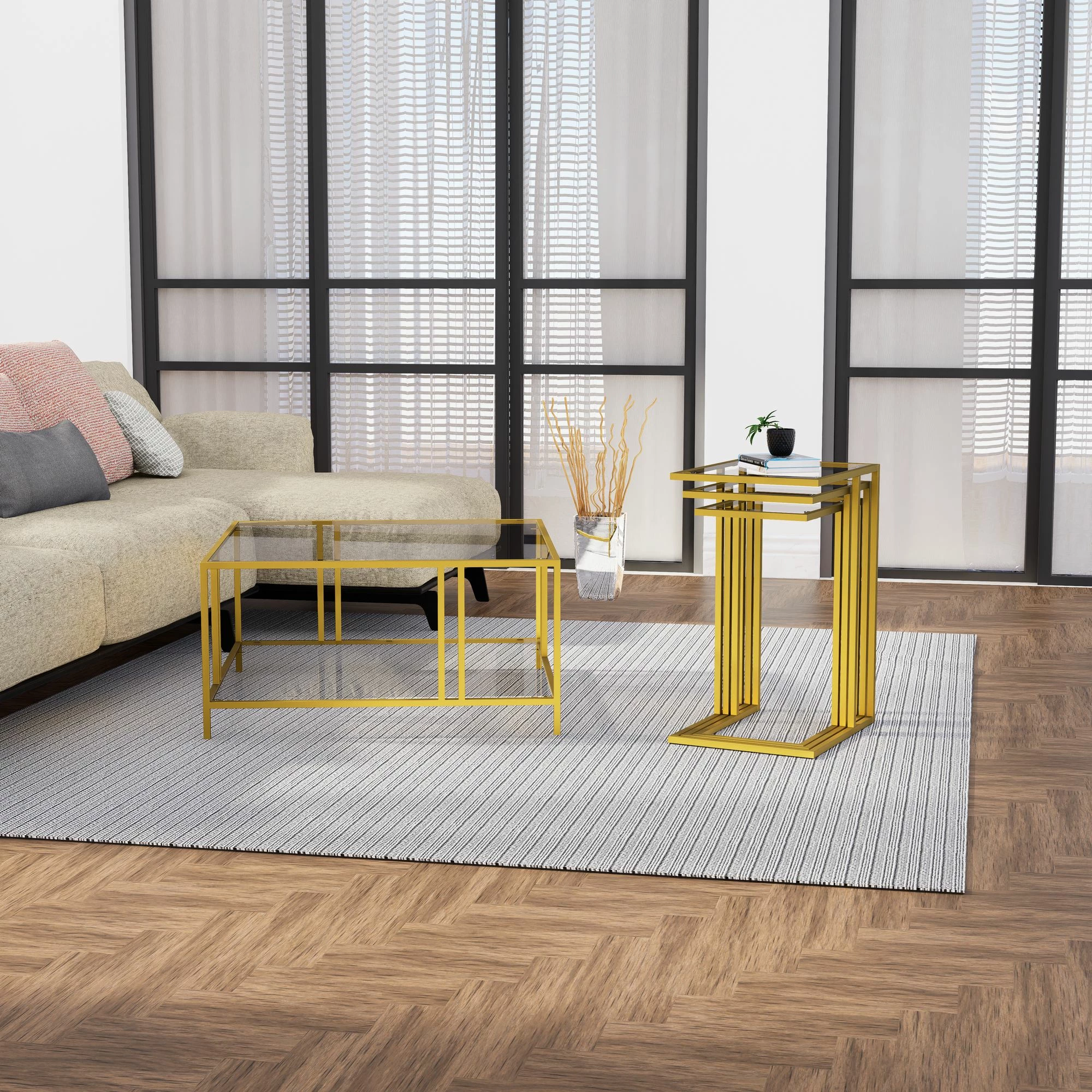 Set tavolinash të vendosshme (3 copë), Hanah Home, Ibiza C, ngjyrë ari, fume