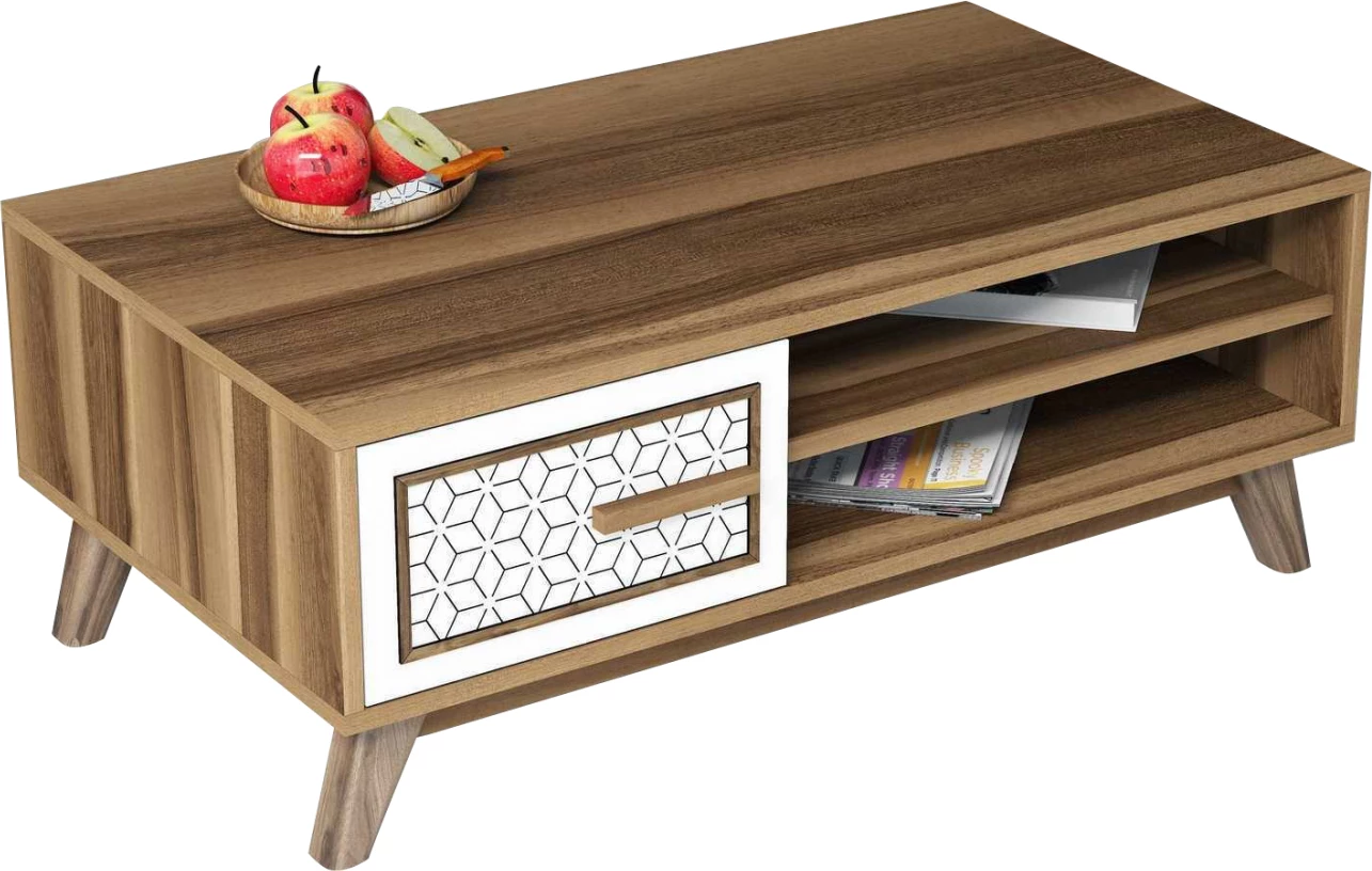 Tavolinë kafeje melaminë, ngjyrë arre, me derë kabinete të bardhë, FH9497.03, 105x60x38,2H cm