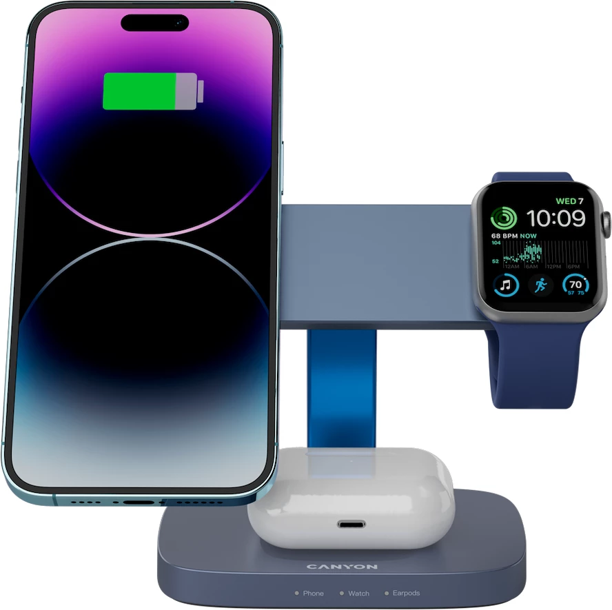 Stacion karikimi pa kabllo CANYON Hexagon WCS-310 3në1 15 W, Dark Grey/Blue, me adapter PD 20W + kabllo USB-C