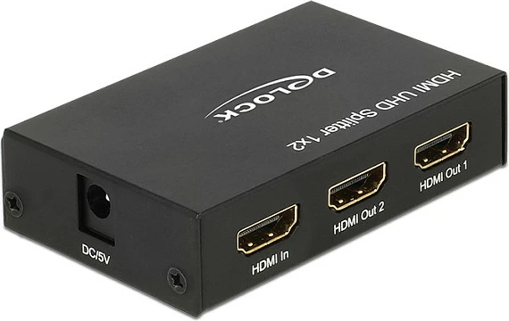 Splitter HDMI DeLOCK 18682, 1 në 2, 4K 3840x2160, 600 MHz, metal, i zi
