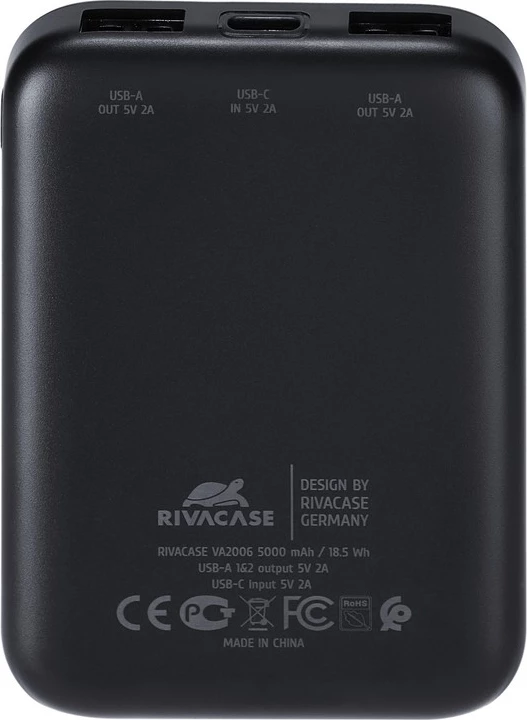 Powerbank RIVACASE VA2006 5000 mAh 10W 2x USB-A USB-C hyrje airplane friendly, e zezë