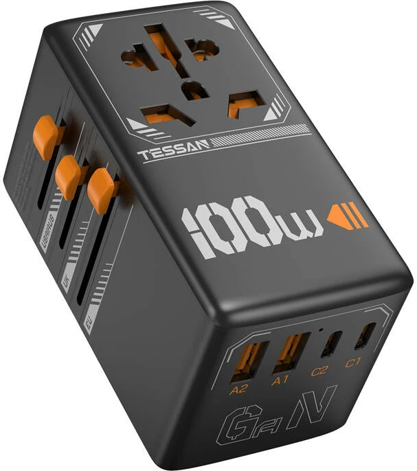 Adapter udhëtimi Tessan TS-WTA04, universal, 100W, 4x USB, i zi