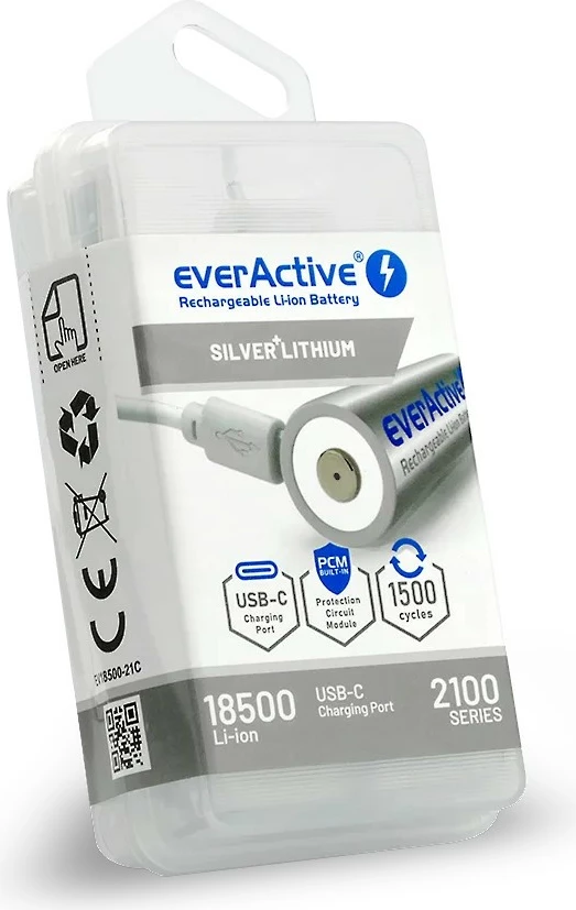 Bateri e rikarikueshme everActive 18500 Li-ion 3.7V, 2100 mAh, USB-C, Silver