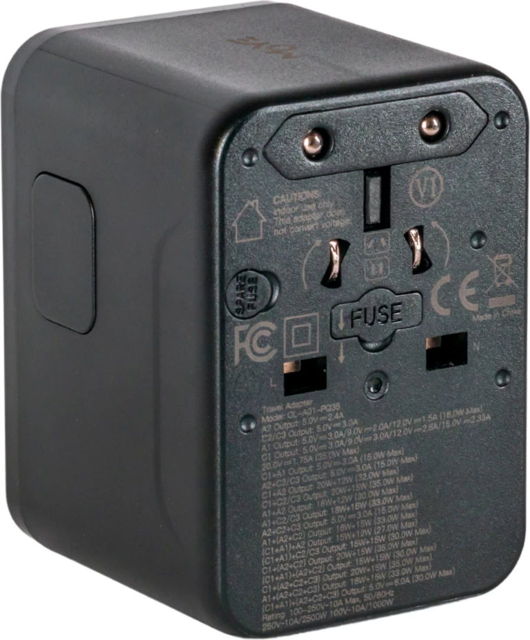 Adapter universal udhëtimi Moye Nomad Go GaN 35W PD, 3x USB-C + 2x USB-A, EU/UK/US/AU, i zi