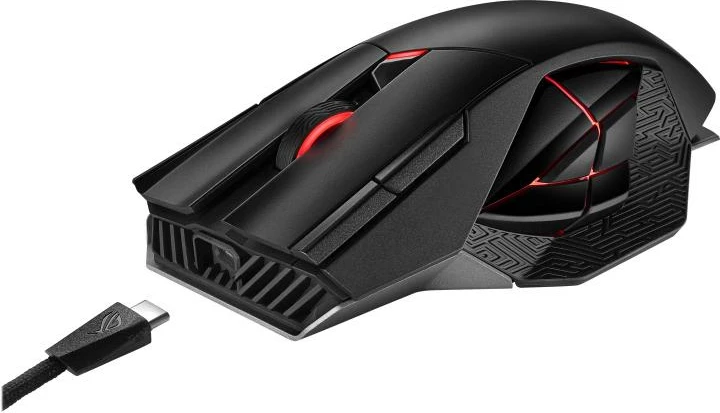 Maus, Asus ROG Spatha X Wireless (90MP0220-BMUA00), 19.000 DPI, 12 butona programues, RF 2.4 GHz/USB-C, RGB, me stacion karikues